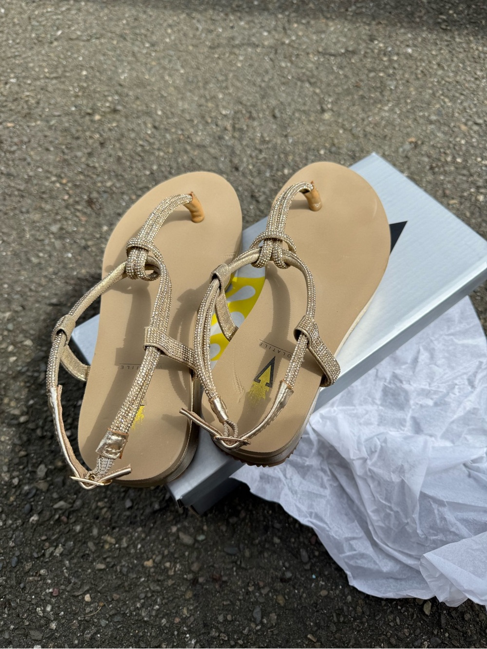 Volatile Beige Rhinestones Gold Thong T-Strap Sandals